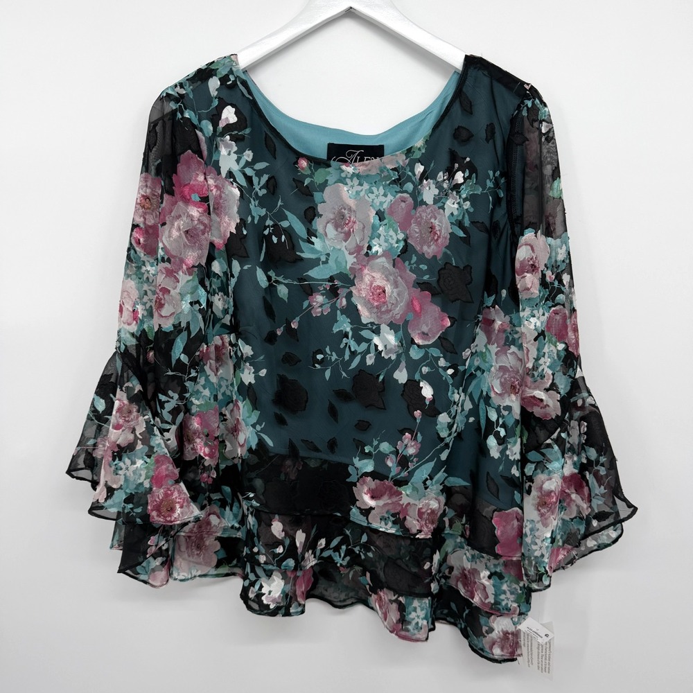Alex Evenings Top Shirt Blouse Size XL Chiffon Asymmetric 3/4 Sleeve Flowy NWT